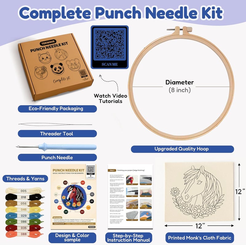TEKWAVE Punch Needle Kit for Adults Beginners Horse with Sunflowers, Step-by-Step Video Pre-Printed Pattern and Written Instructions, DIY Embroidery Set with Yarn, Fabric, Hoop for Home Decor Crafts - Image 2